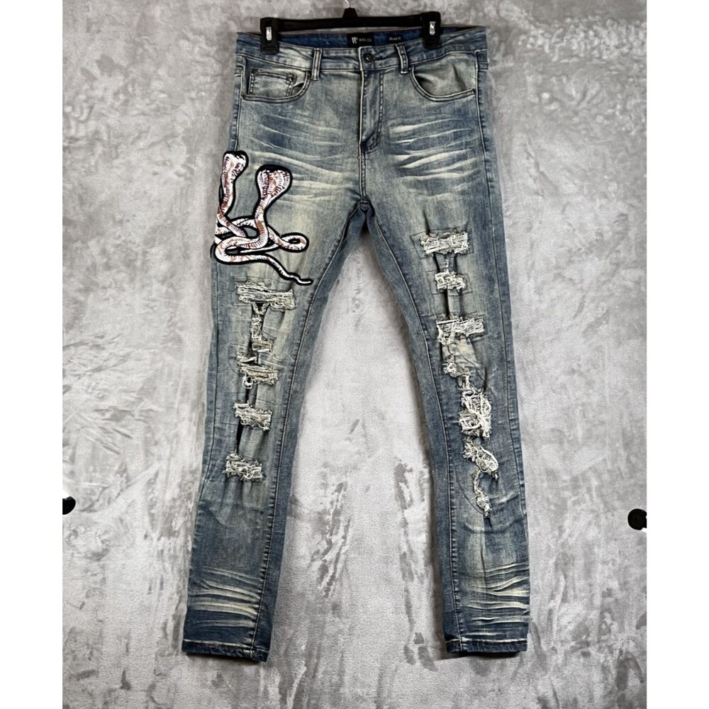 Waimea Men's 32x32 Skinny Jeans Distressed Snake Embroidered Patch Y2K Denim
